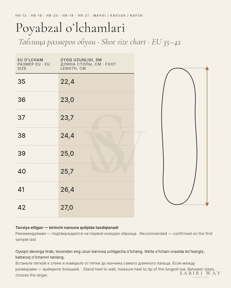 Toʻplam: mahsi + kavush — poyabzal ölçamlari EU 35–42
